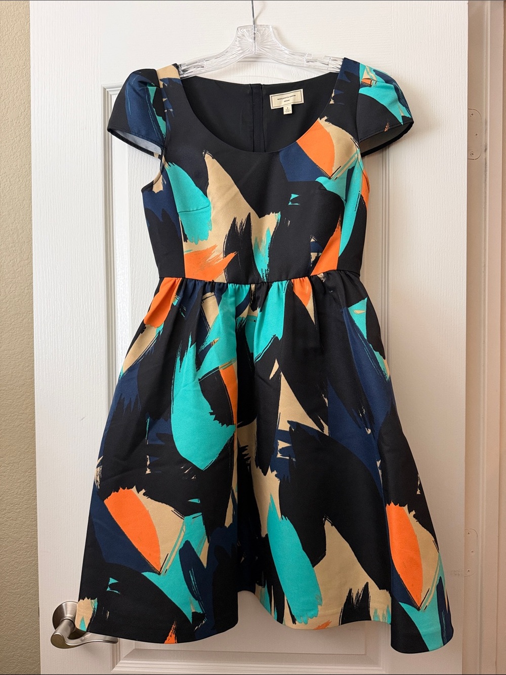 Anthropologie Black Midi Dress with Teal, Orange & Cream Abstract Print